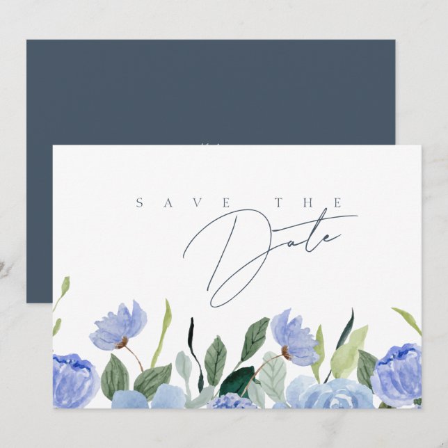 Simple Slate Blue Wildflower Wedding Save The Date (Front/Back)