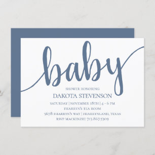 Simple Slate Script   Dusty Denim Blue Baby Shower Invitation