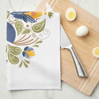 Simple Slavic Folk Bluebird Art Tea Towel