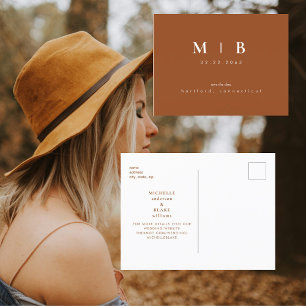Simple Sleek Monogram Burnt Orange Save the Date  Announcement Postcard
