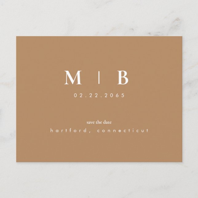 Simple & Sleek Monogram Caramel Save the Date  Announcement Postcard (Front)