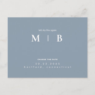 Simple & Sleek Monogram Dusty Blue Change the Date Announcement Postcard