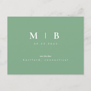 Simple & Sleek Monogram Green Save the Date Announcement Postcard