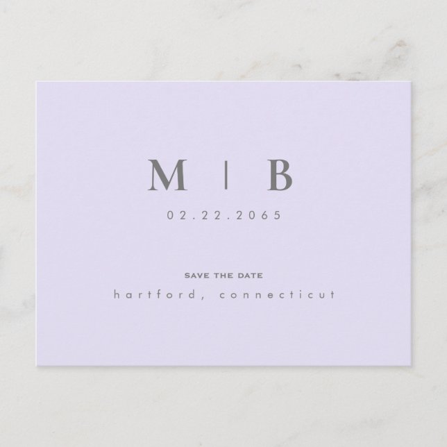 Simple & Sleek Monogram Lilac Wedding Save Date Announcement Postcard (Front)