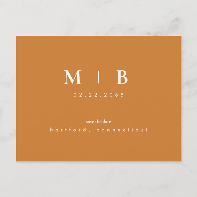 Simple & Sleek Monogram Orange Save the Date  Announcement Postcard (Front)