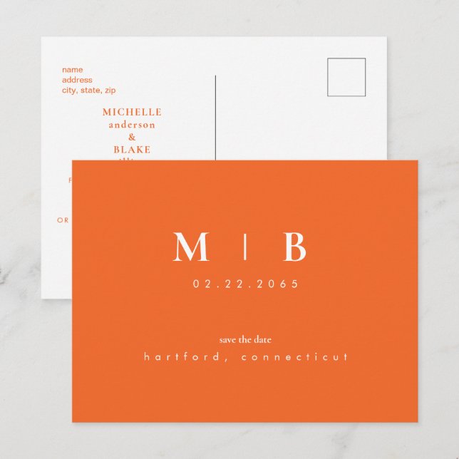 Simple Sleek Monogram Orange Save the Date Wedding Announcement Postcard (Front/Back)
