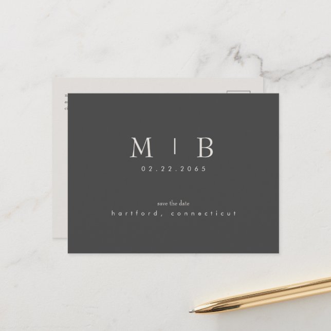 Simple & Sleek Monogram Wedding Save the Date Grey Announcement Postcard (Front/Back In Situ)