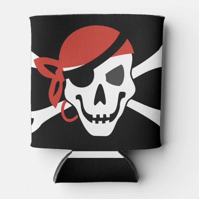 Simple Smiling Pirate Skull with Red Bandanna Can Cooler (Front)