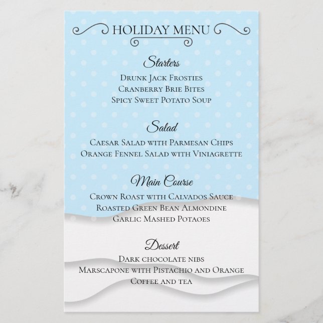 Simple snow Christmas holiday dinner menu (Front)