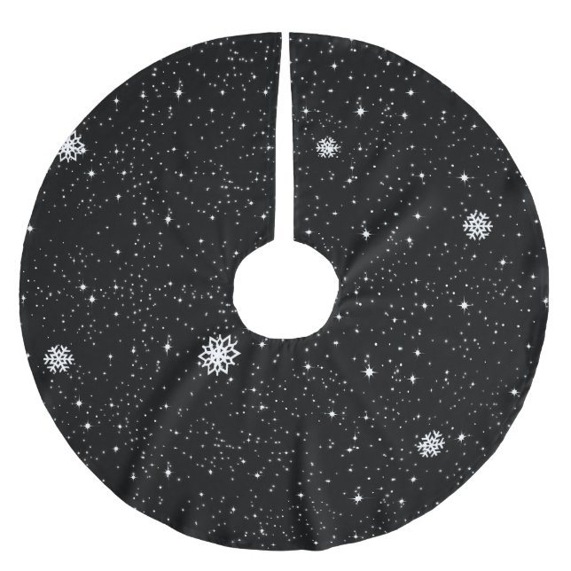 Simple Snow Flakes on BLACK Brushed Polyester Tree Skirt (Front)