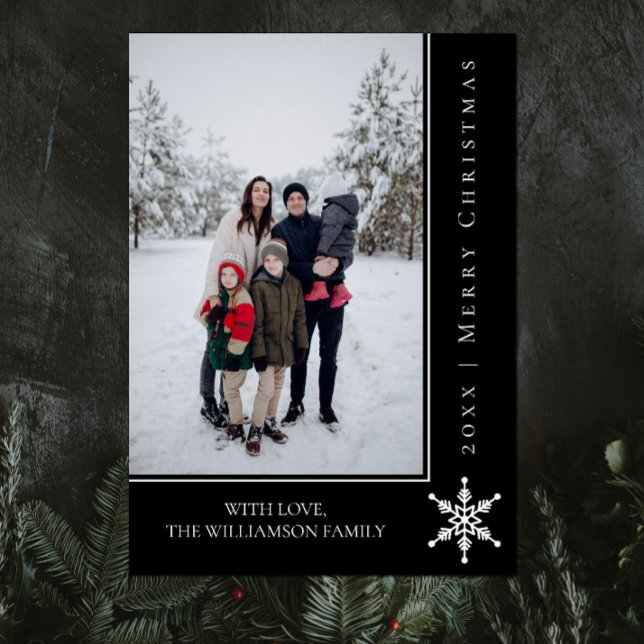 Simple Snowflake Christmas Photo Card | Black (Black Simple Snowflake Christmas Photo Card)