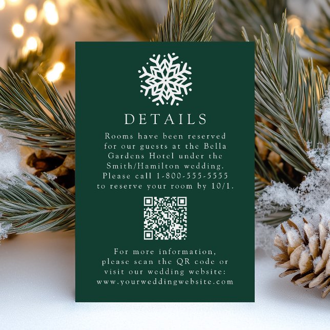 Simple Snowflake Green Wedding Details QR Code Enclosure Card (Creator Uploaded)