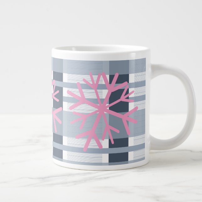Simple Snowflake Hand Drawn White Pink  Plaid Large Coffee Mug (Right)
