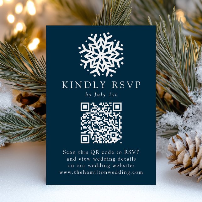 Simple Snowflake Navy QR Code Wedding RSVP Card (Creator Uploaded)