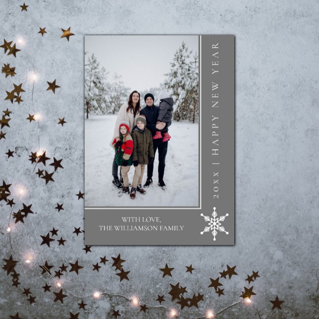 Simple Snowflake New Year's Photo Card | Grey (Simple Snowflake New Years Photo Card - Gray)