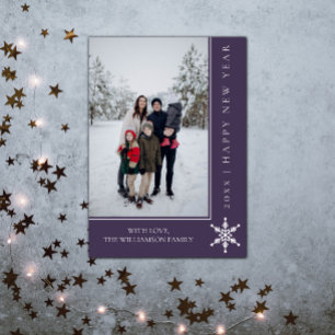 Simple Snowflake New Year's Photo Card   Purple