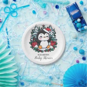 Simple Snowflake Penguin Baby Shower Paper Plate