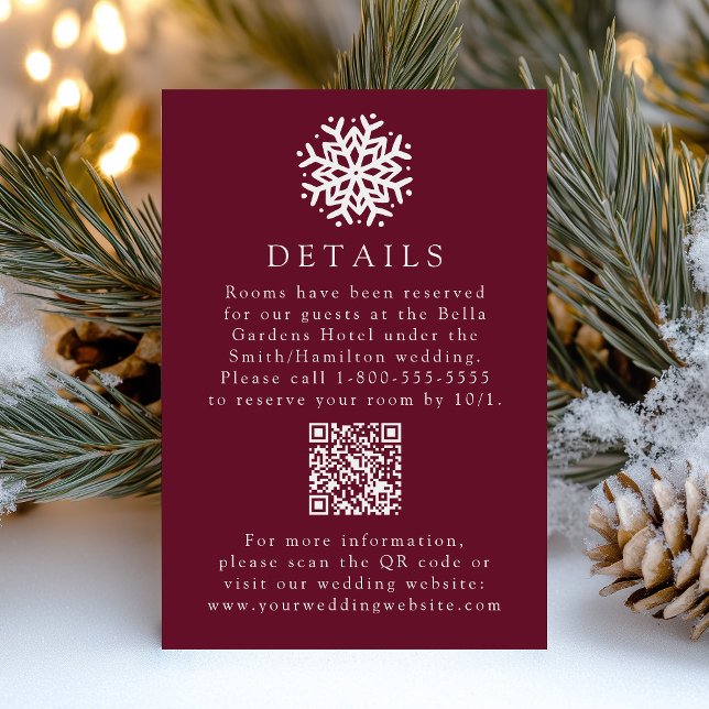 Simple Snowflake Wine Wedding Details QR Code Enclosure Card (Creator Uploaded)