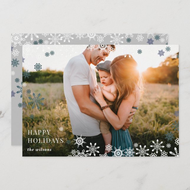 Simple Snowflakes Frame Modern Full Photo Holiday Card (Front/Back)