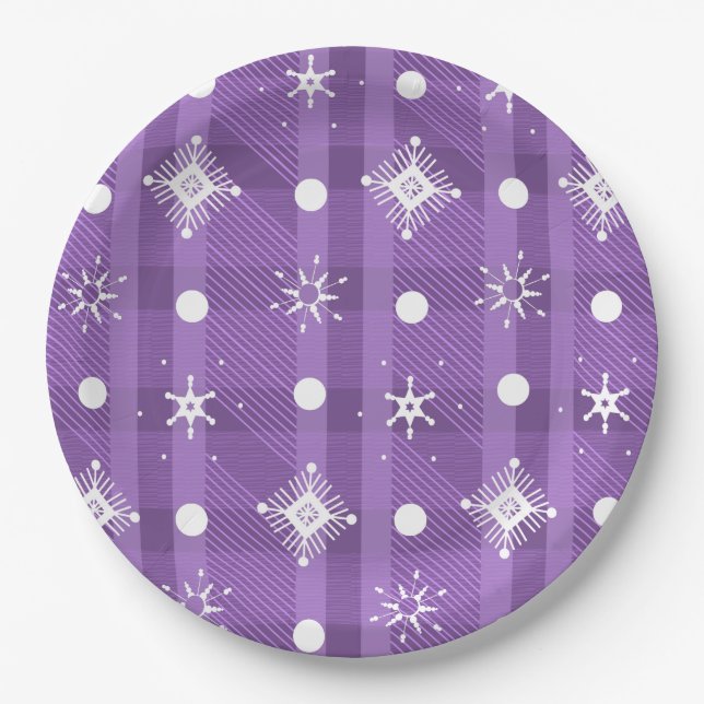 Simple Snowflakes Purple Plaid Pattern     Paper Plate (Front)