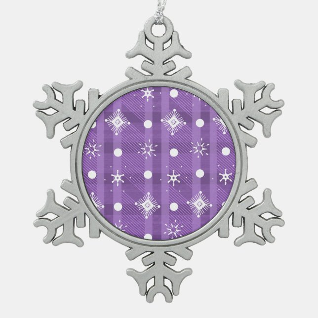 Simple Snowflakes Purple Plaid Pattern     Snowflake Pewter Christmas Ornament (Front)