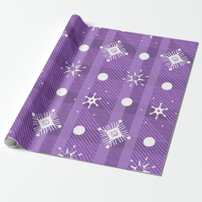 Simple Snowflakes Purple Plaid  Pattern  Wrapping Paper (Unrolled)