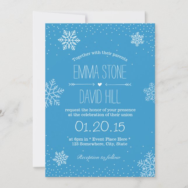 Simple Snowflakes & Snow Winter Wedding Invitation (Front)