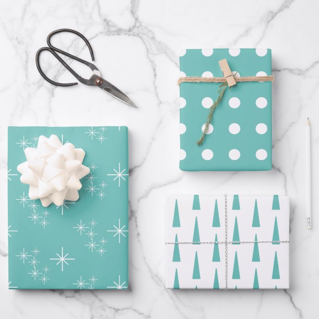 Simple Snowflakes Trendy Teal Christmas Trees  Wrapping Paper Sheet (Front)