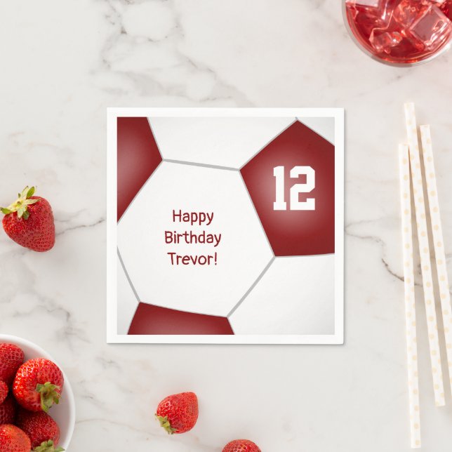 simple soccer ball girls boys birthday maroon napkin (Insitu)