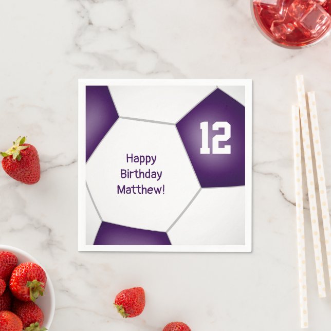 simple soccer ball girls boys birthday purple napkin (Insitu)