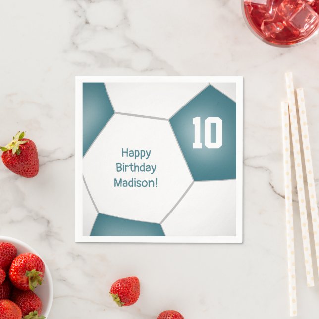 simple soccer ball girls boys birthday teal napkin (Insitu)