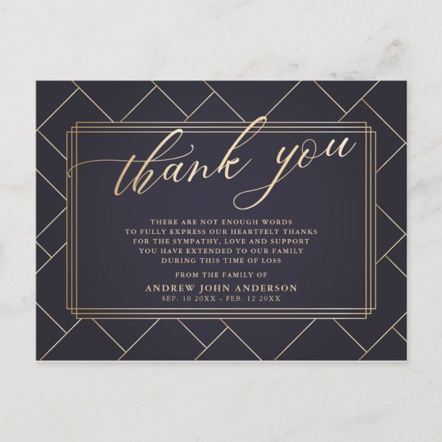 Simple Soft Black & Gold Calligraphy Funeral Postcard (Front)