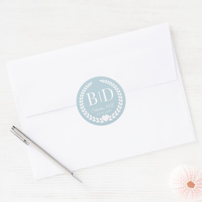 Simple Soft Icy Blue Monogram Wedding Classic Round Sticker (Envelope)