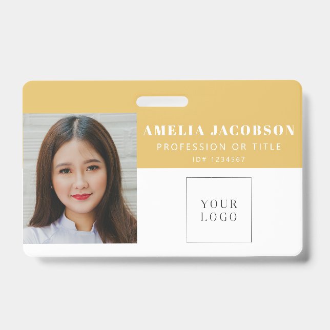 Simple Soft Yellow Employee Photo ID Logo Barcode  Badge (Front)