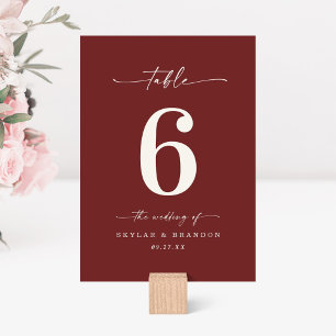 Simple Solid Colour Dark Wine Cinnamon Red Wedding Table Number