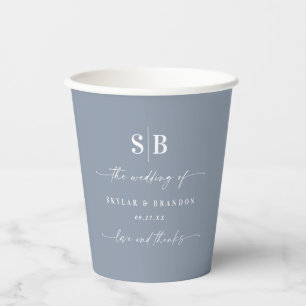 Simple Solid Colour Dusty Blue Wedding Monogram Paper Cups