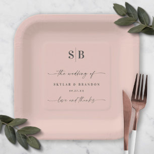 Simple Solid Colour Light Pink Wedding Monogram Paper Plate