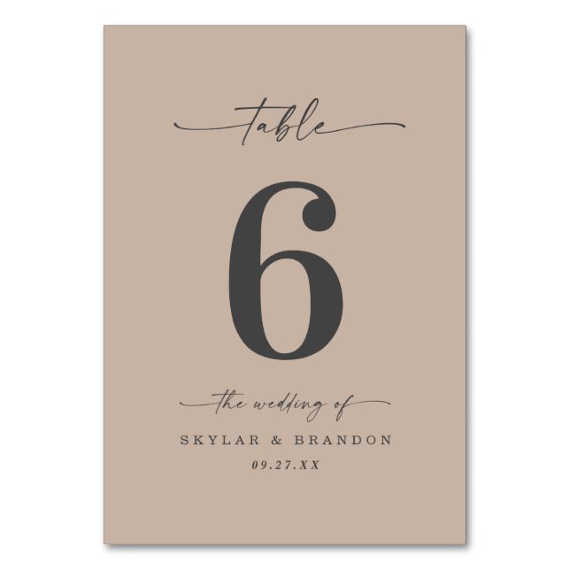 Simple Solid Colour Sand Khaki Beige Wedding Table Number (Front)