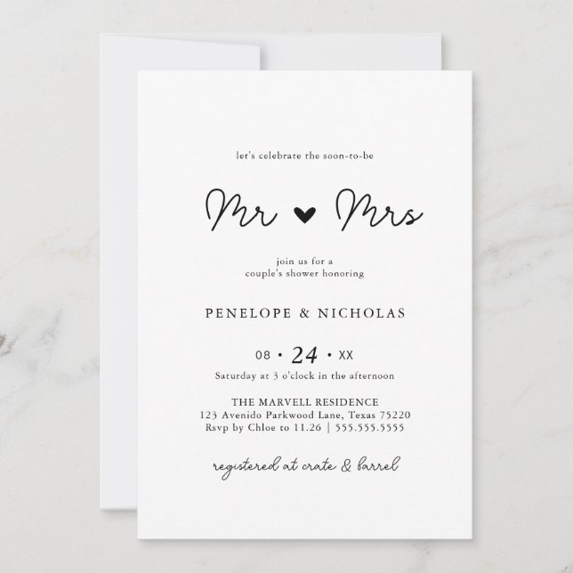 Simple Soon To Be Mr & Mrs Couple Bridal Shower Invitation (Front)