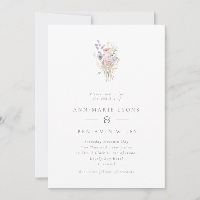 Simple Spring Lilac Wildflowers Wedding Invitation (Front)