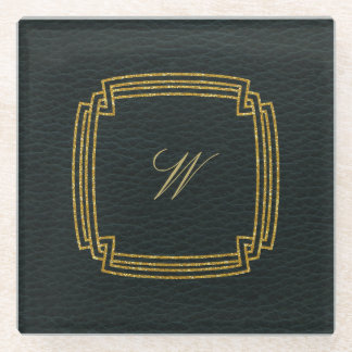 Simple Square Monogram on Dark Leather Glass Coaster