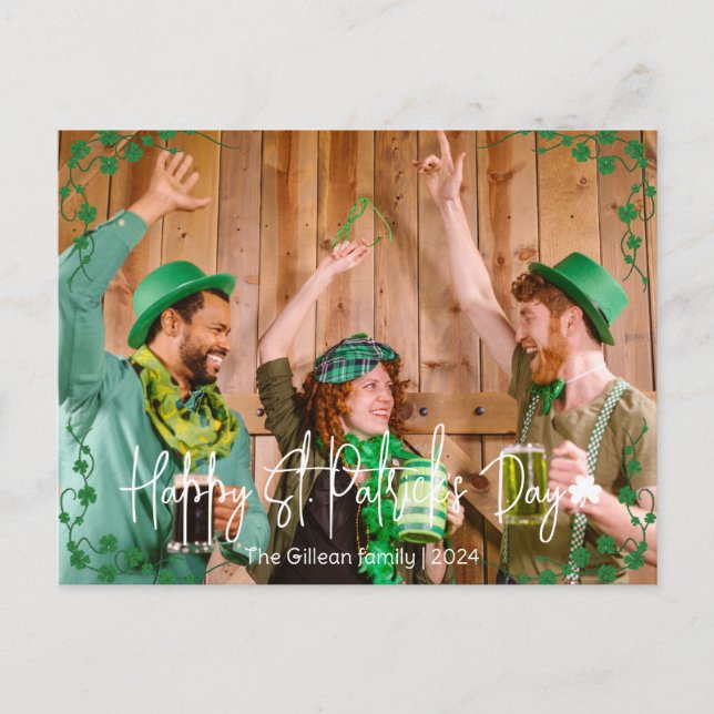 Simple St. patrick's day Shamrocks family photo Holiday Postcard (Front)