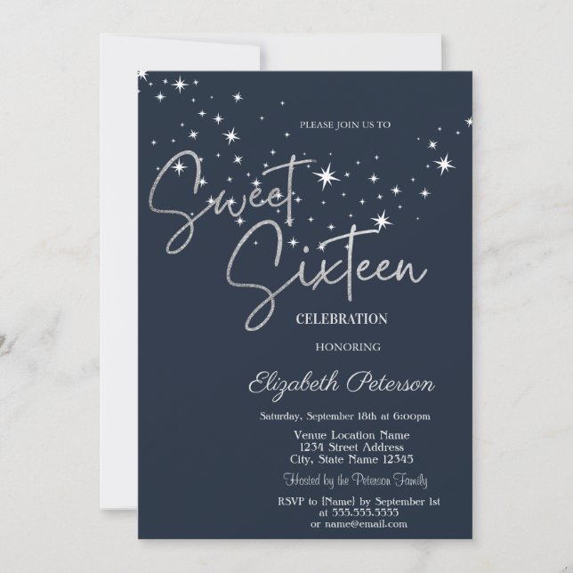 Simple Stars Navy Blue Sweet 16  Invitation (Front)