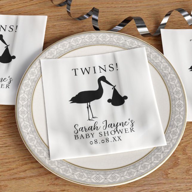 Simple Stork Twins Baby Shower White Napkins (Twins! Choose the color of your baby shower napkins or keep the classic black stork with white.)