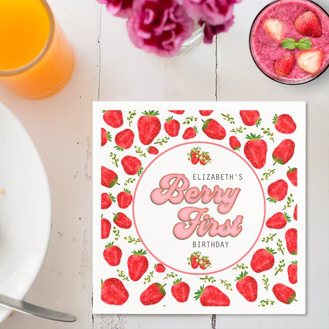Simple Strawberry Pattern 1st Birthday Berry First Napkin (Creator Uploaded)