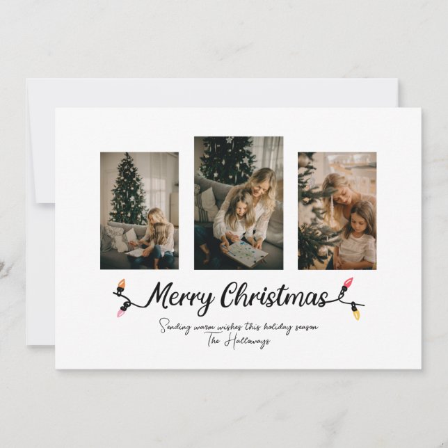 Simple String Lights 3 Photo Christmas  Holiday Card (Front)