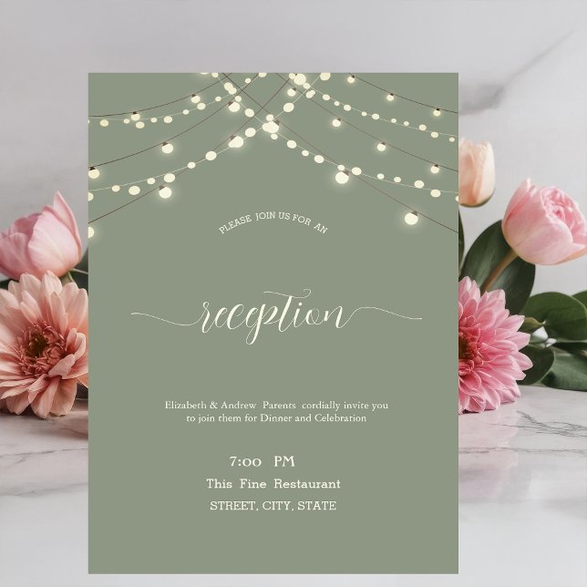 Simple String Lights Sage Green Wedding Invitation (Creator Uploaded)