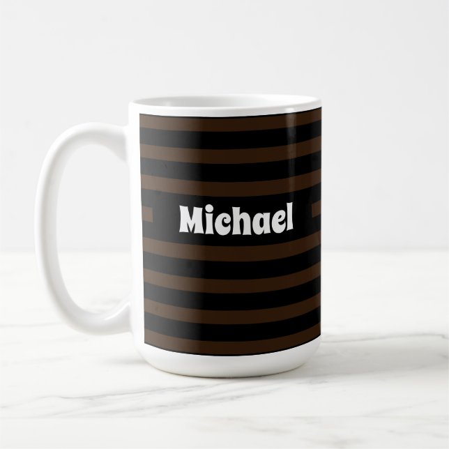 Simple Striped Dark brown and Black Custom Name Coffee Mug (Left)
