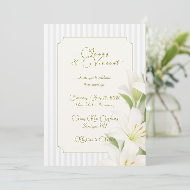 Simple Striped Lily Floral Wedding Invitation (Standing Front)