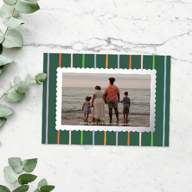 Simple Stripes and Scallops Landscape Photo (cheerful striped happy new year card with silver foil scalloped frame around landscape photo)